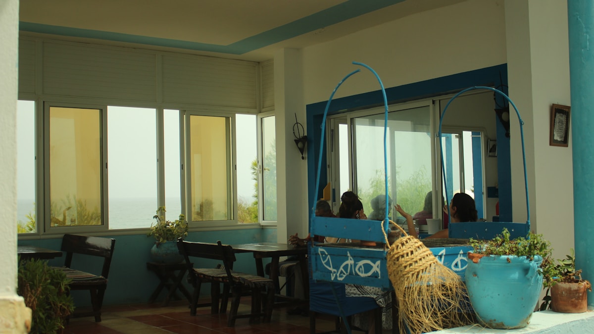 Seaside café with blue accents and Mediterranean views, Sousse, Tunisia