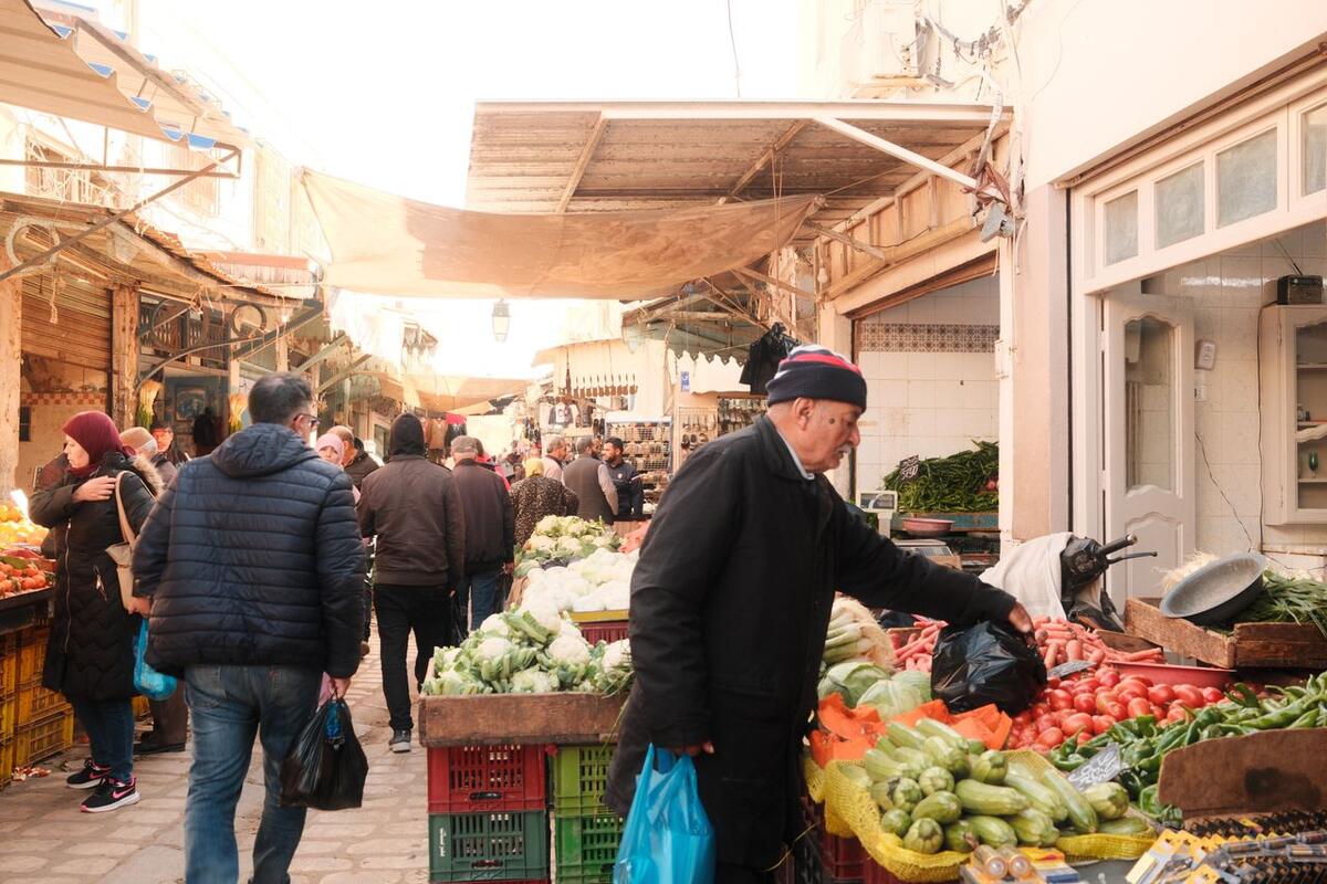 Fruit and vegetable stalls in a street market in Sfax, Tunisia