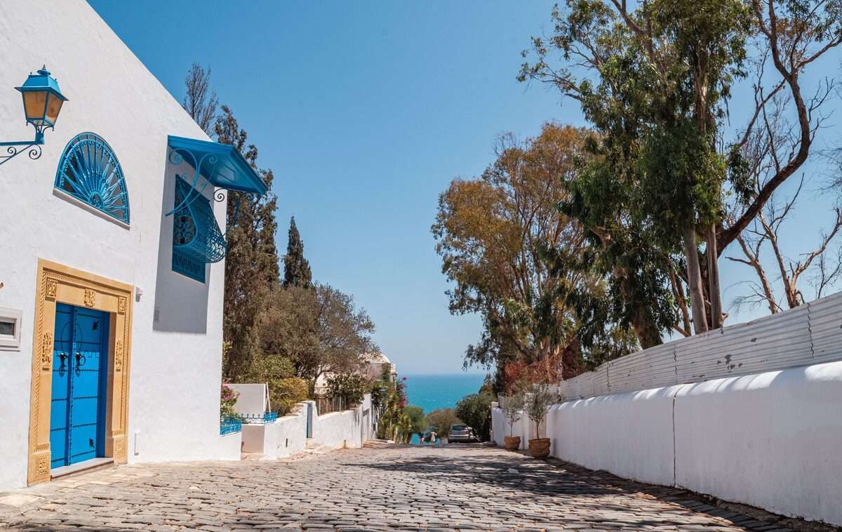 Cobblestone street in Sidi Bou Said with white walls, blue door and windows, and sea view behind, Tunisia