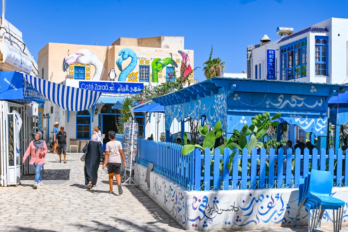 The vibrant Café Zaraa in Houmt Souk, Djerba — a colourful scene of Tunisian street life and local restaurants
