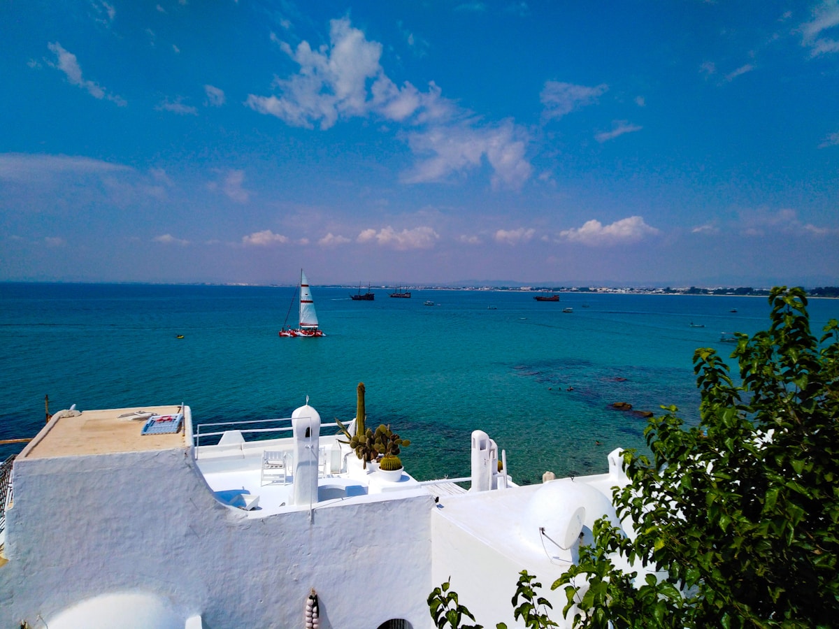 Turquoise Mediterranean sea and white buildings viewed from Hammamet, Tunisia