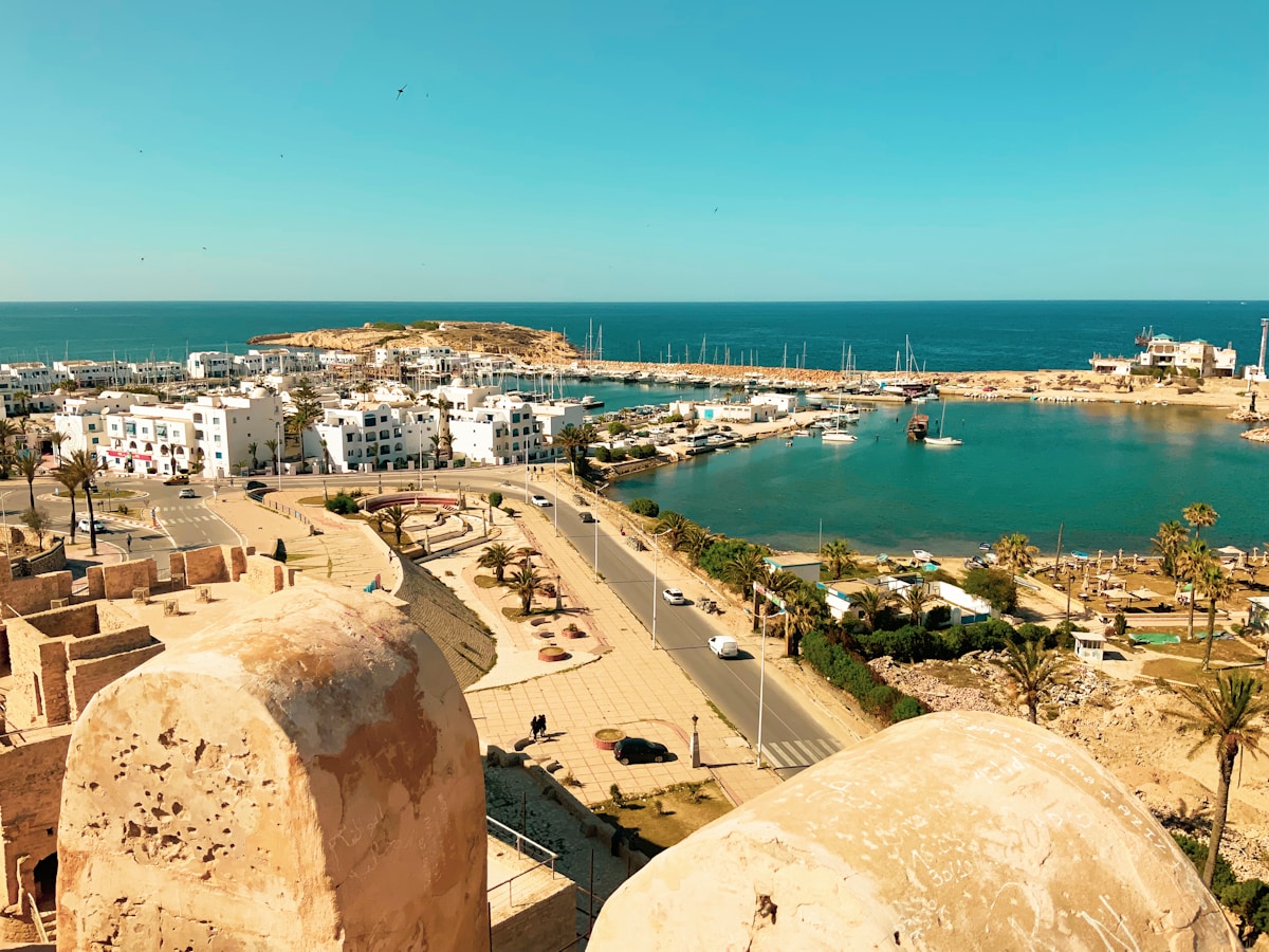 Aerial view over Monastir marina and harbour from the Ribat fortress, Tunisia