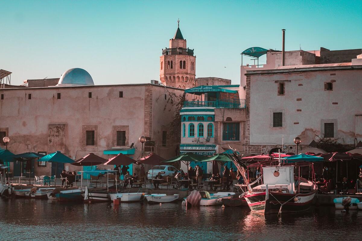 Waterfront houses and the old fort along the sea in Bizerte, Tunisia