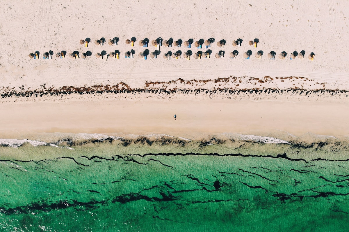 Aerial view of a Djerba beach on the Tunisian Mediterranean coast