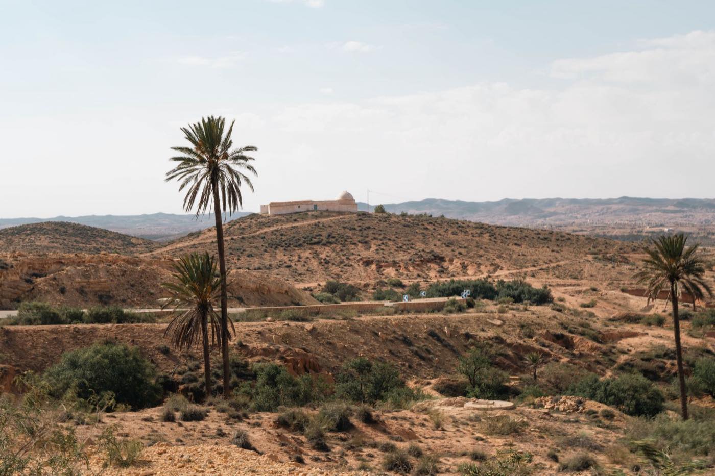 Palmiers et marabout au sommet d'une colline le long de la route dans l'arrière-pays de Gabès
