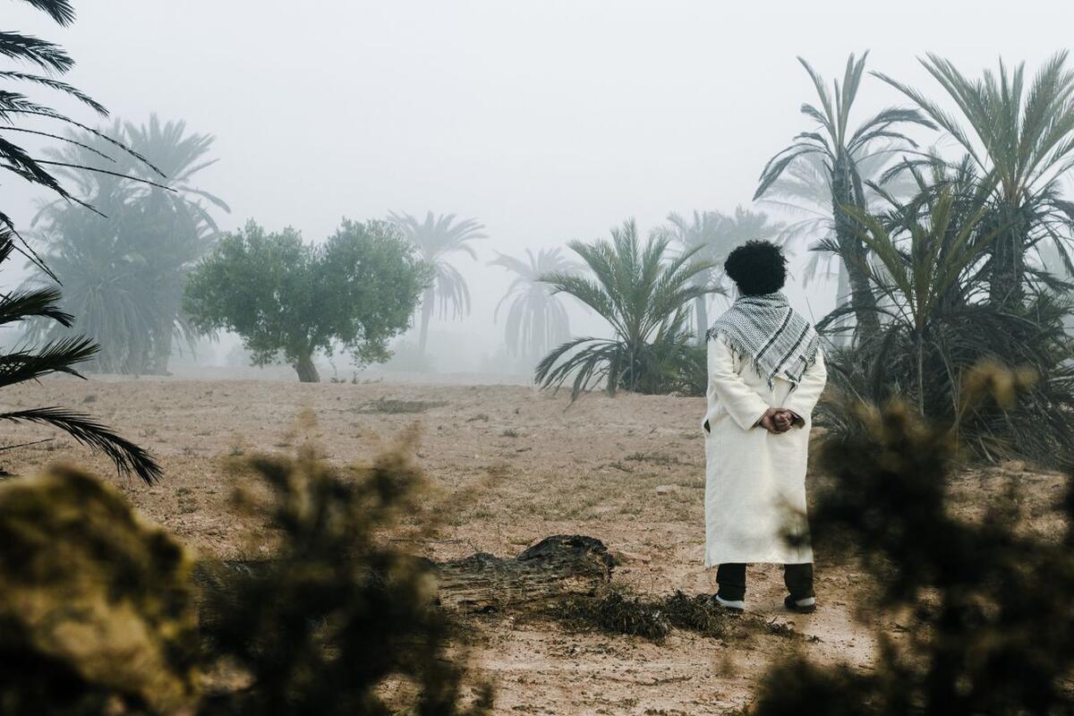 Man in traditional dress in a foggy palm grove in southern Tunisia